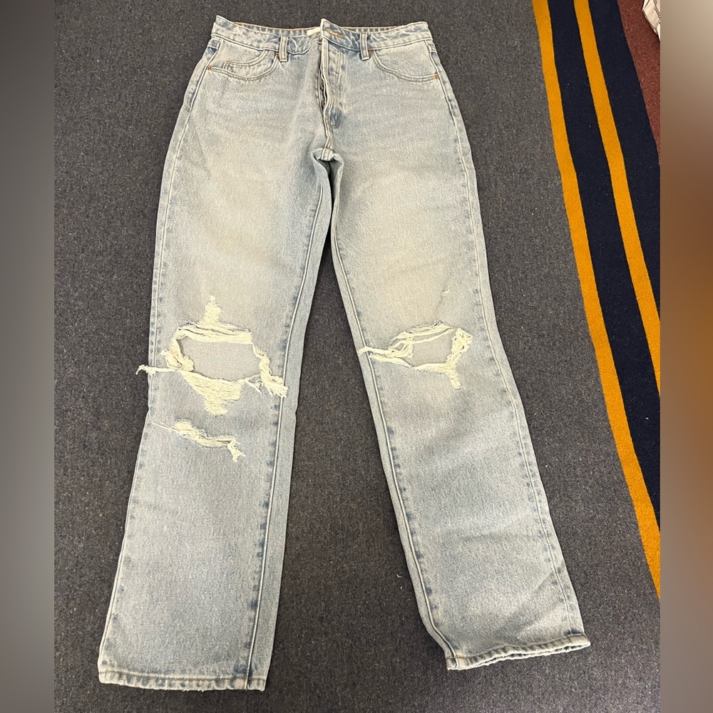 Rolla’s Classic Straight Light Wash Distressed High Rise Denim Jeans